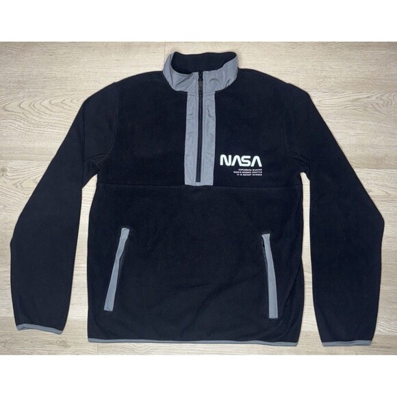 H&M NASA Black 1/4 Zip Jacket Youth Large 16 Space Fleece Pockets - Picture 2 of 8